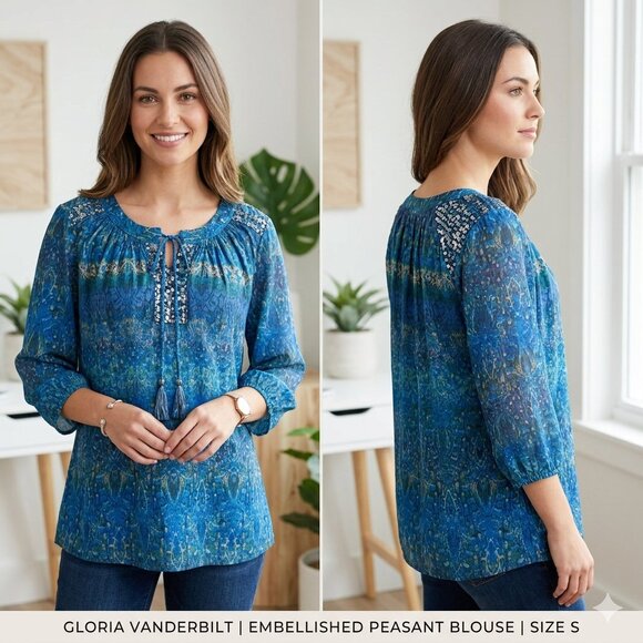 Gloria Vanderbilt Tops - Gloria Vanderbilt Sequin-Embellished Blue Sequenced 3/4 Sleeve Blouse Size S